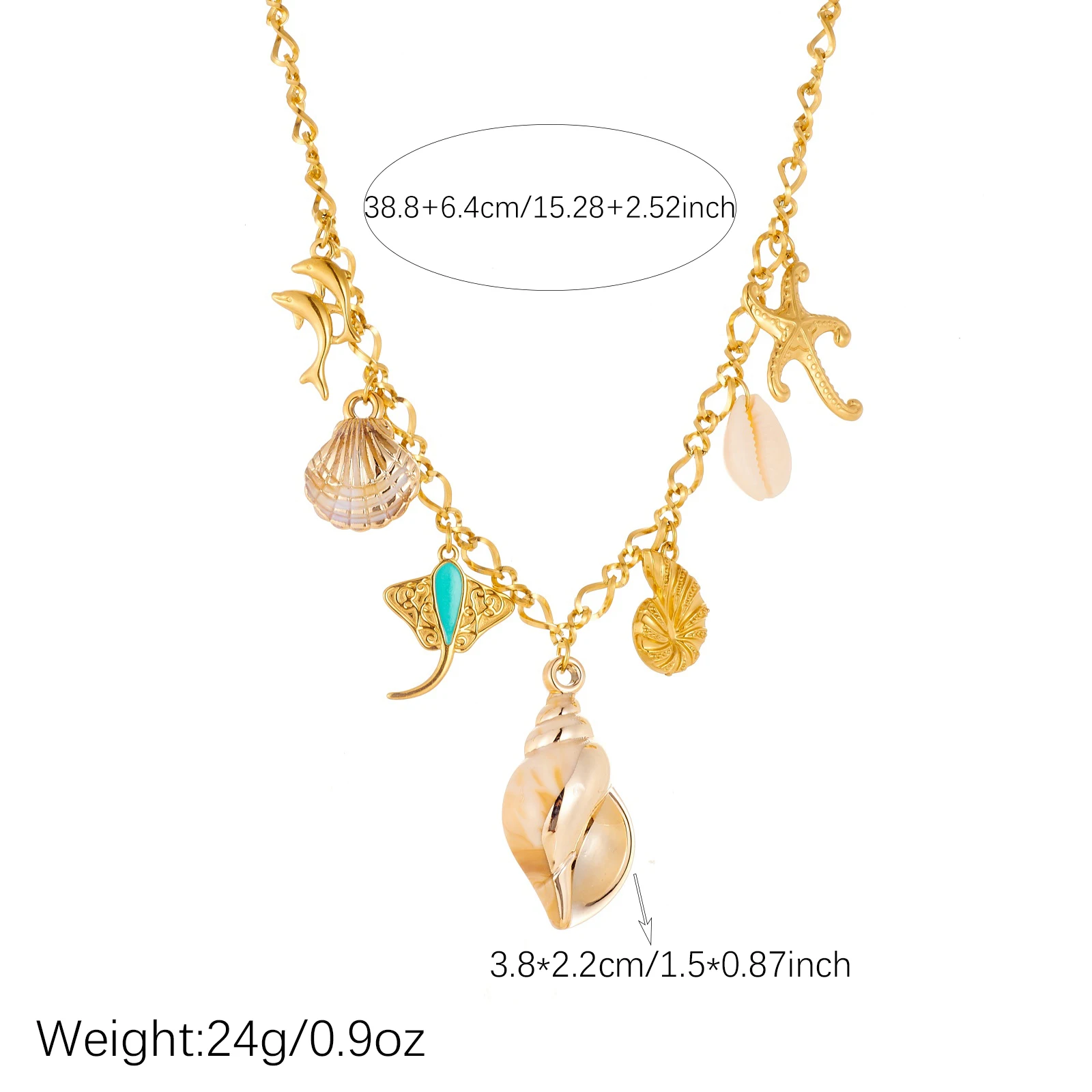 DIEYURO 316L Stainless Steel Gold Plated Conch Devil Fish Starfish Fan Betto Pendant Necklace Lady Ocean Style Neck Chain Gift