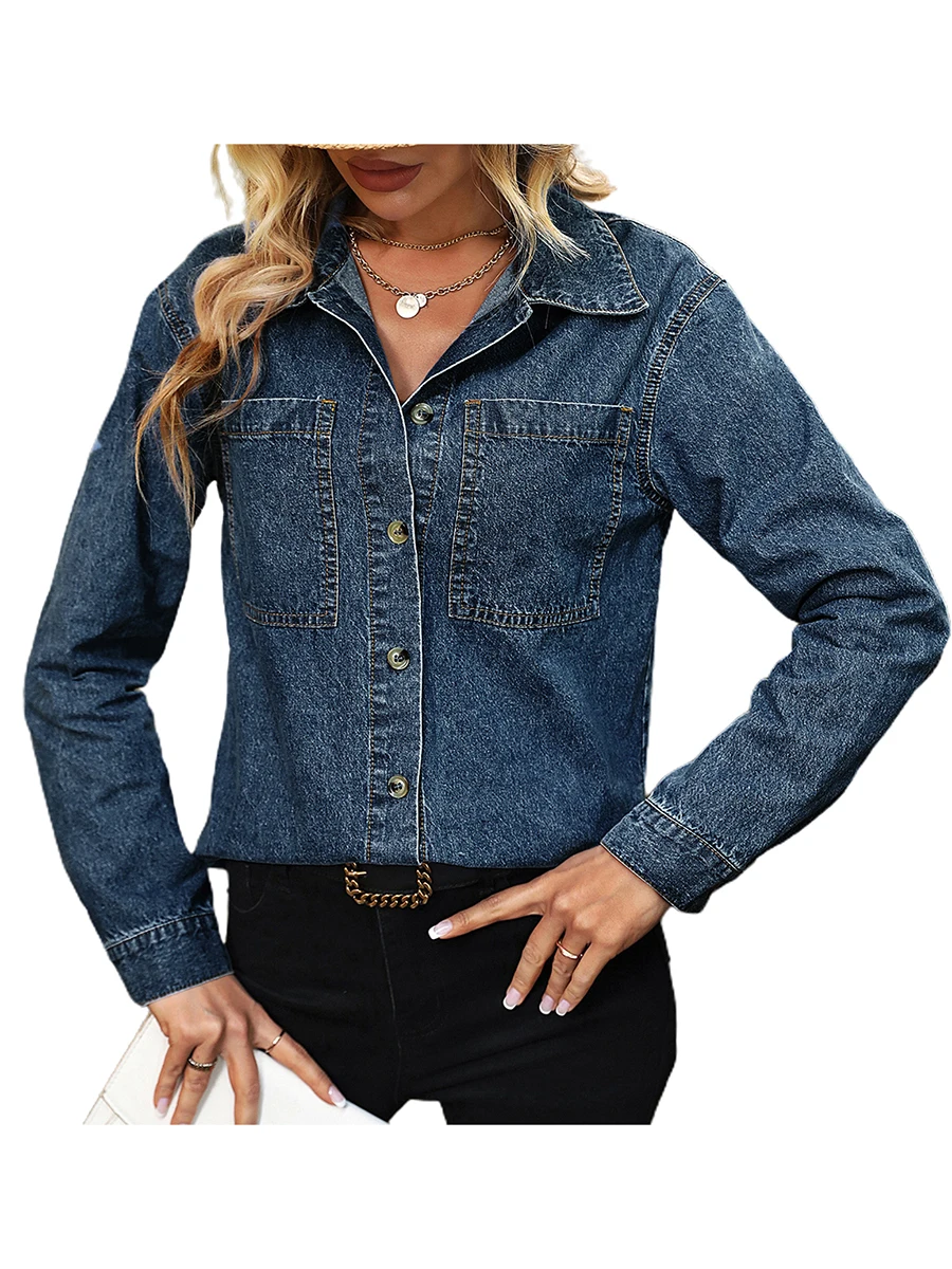 Women Denim Shirt Jacket Raw Hem Lightweight Casual Button Long Sleeves Fall Cardigan for Outwear Streetwear