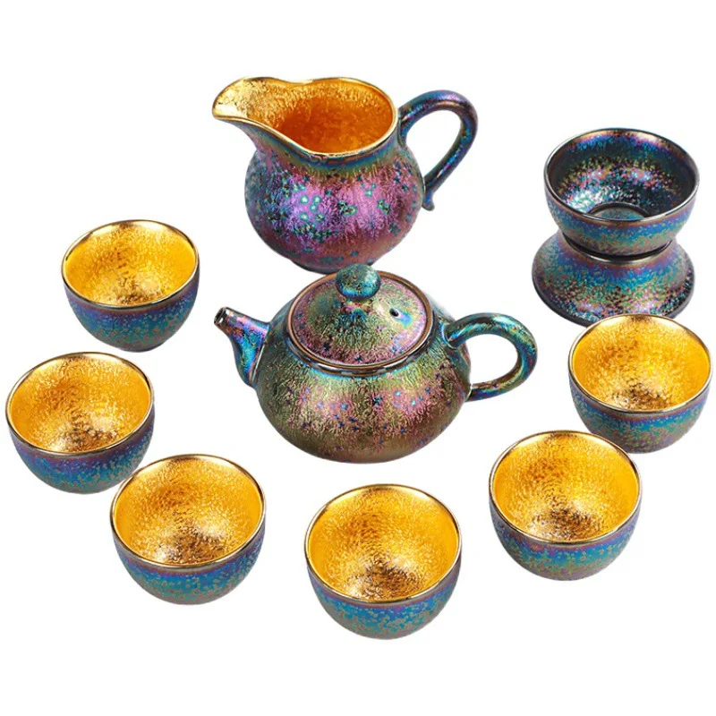 Colorful 24k gilt oil drop tea set company annual meeting business gift teapot set kung fu tea set ceramic high-end