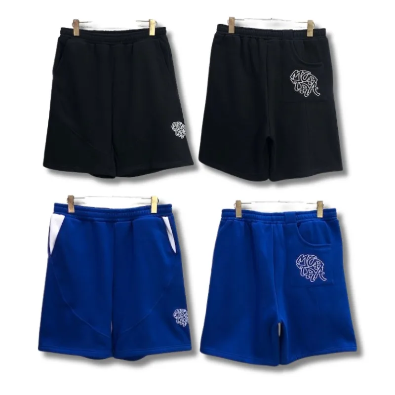 

Dark Blue Letters Logo Pattern MERTRA Shorts High Street Embroidered Pocket Color-blocking Shorts Men Women