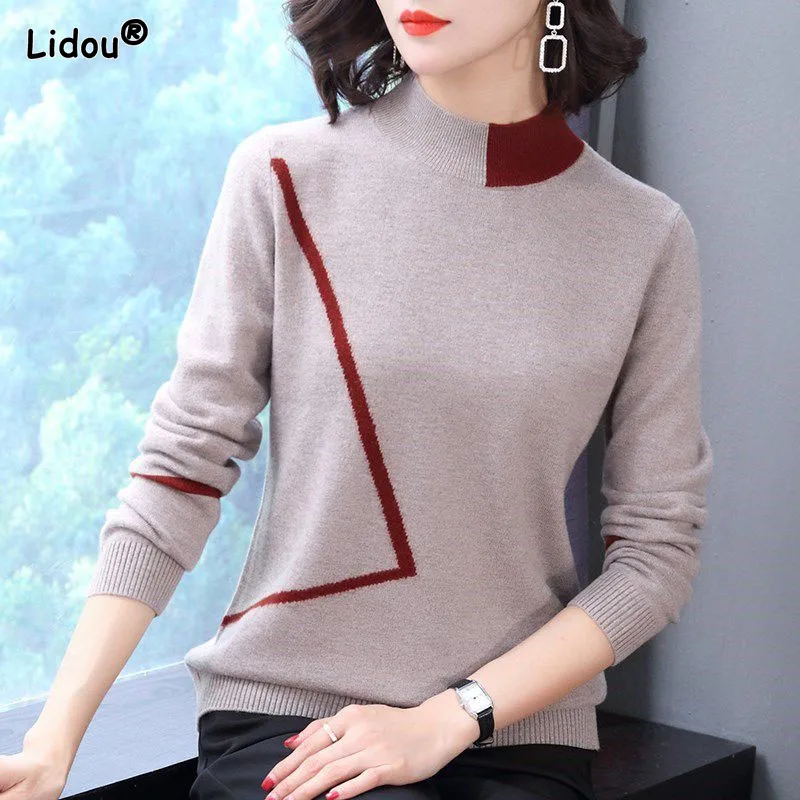 

Hot Selling Vintage Striped Women's Clothing Mock Neck Spliced Slim Slight Strech Thick Pullovers 2022 Autumn Winter New Trend