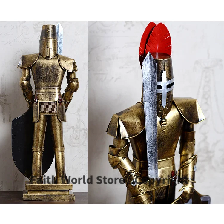 

47CM -Christmas GIFT TOP COOL fashion office home shop bar decorative art Retro Iron Roman armor shield Warrior art statue-J6016