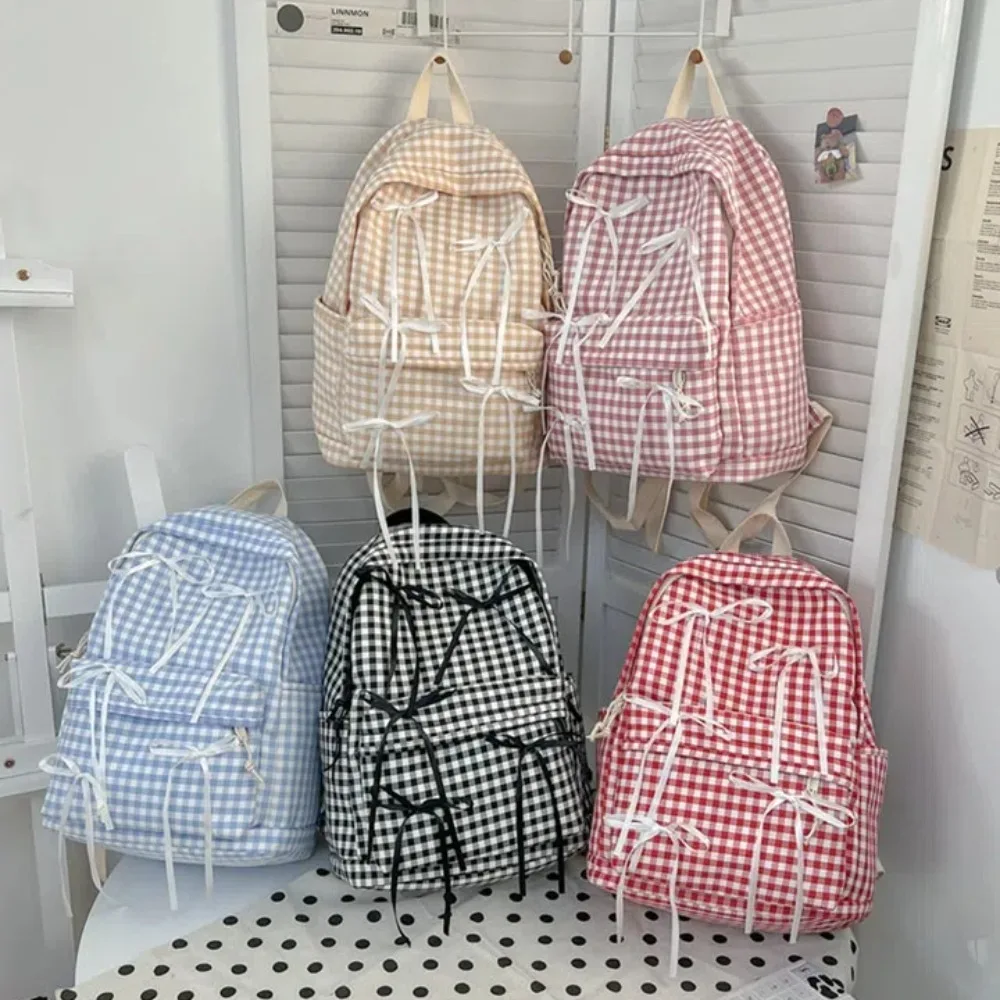 

School Backpack Cute Ribbon Bow Students Backpack Plaid Y2k School Bag Large Capacity Travel Daypack Students Travel Daypack