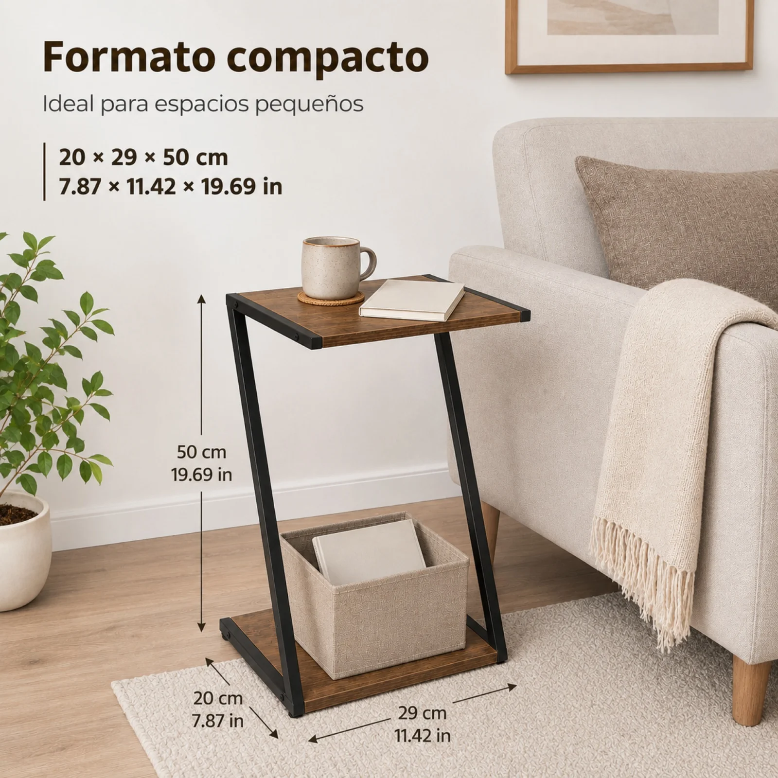 Mesa auxiliar industrial con forma de Z para el salón y el dormitorio, mesa compacta para colocar al lado del sofá, con estructura de metal negro y superficie de madera de color marrón, mueble con espacio de almacenamiento, 20x29x50 cm.