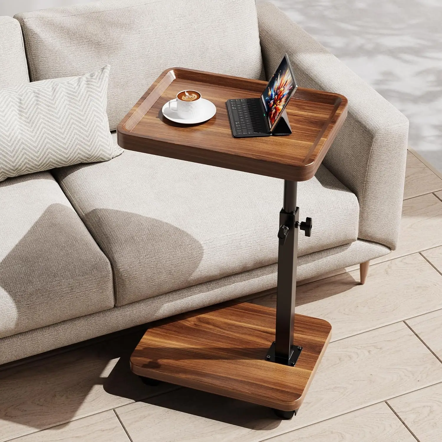 

Adjustable Height C Table with Wheels, 360° Swivel TV Tray for Living Room and Bedroom in Walnut