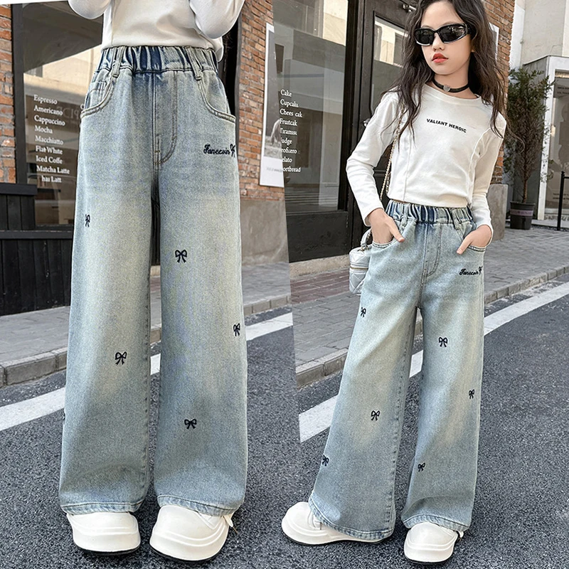 Spring Autumn Girls Jeans Heart Pattern Bow Embroidery Hole Loose Pants For 5-14 Years Teen Girls Stylish Denim Wide Leg Pants