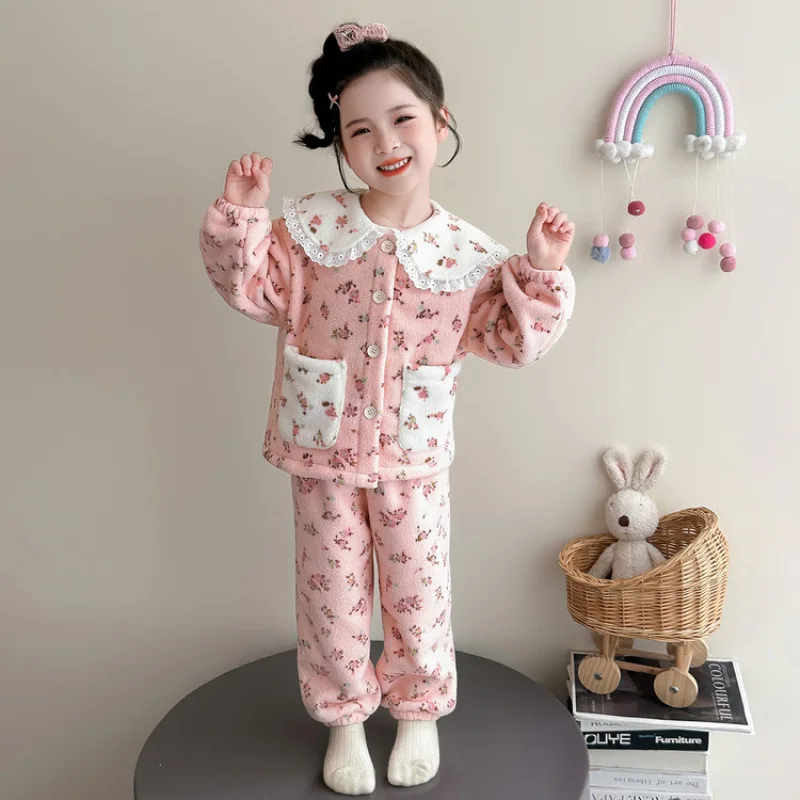Girls Toddler Doll Collar Pajamas Winter 2026 Kids All Over Floral Cardigan Sleep Pants Warm Sweet Loungewear Set