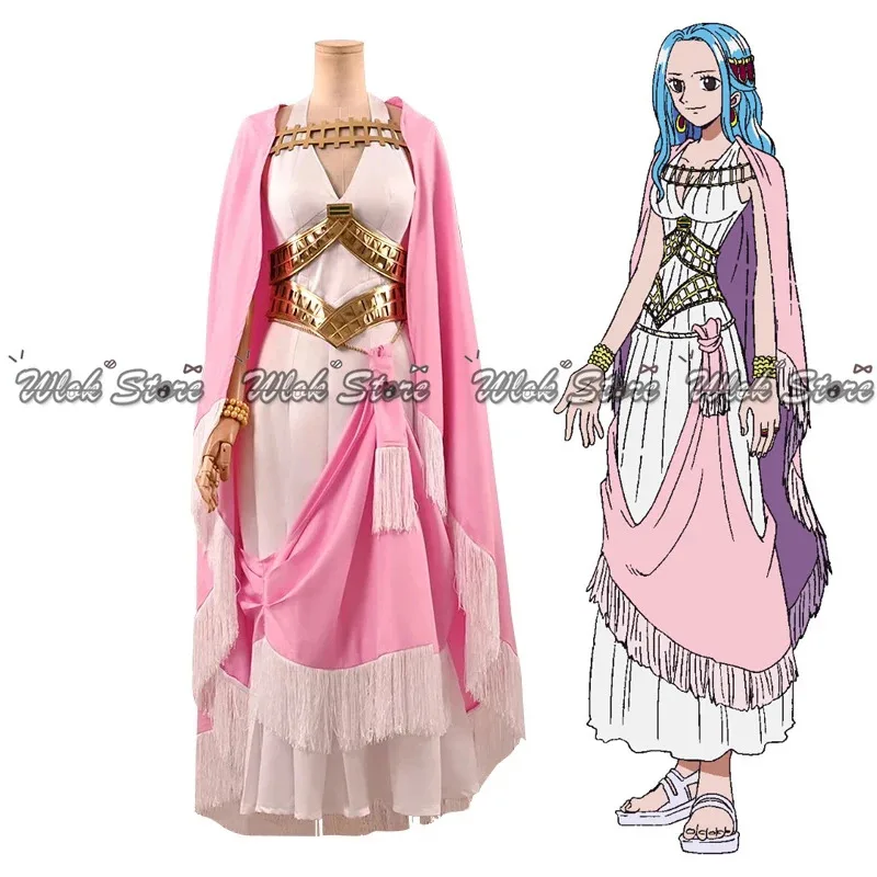 

Anime One Piece Cosplay Nefeltari Live Princess Elegant Dresses Pink Cloak Halloween Role Play Costumes Wig Long Blue Hair Props