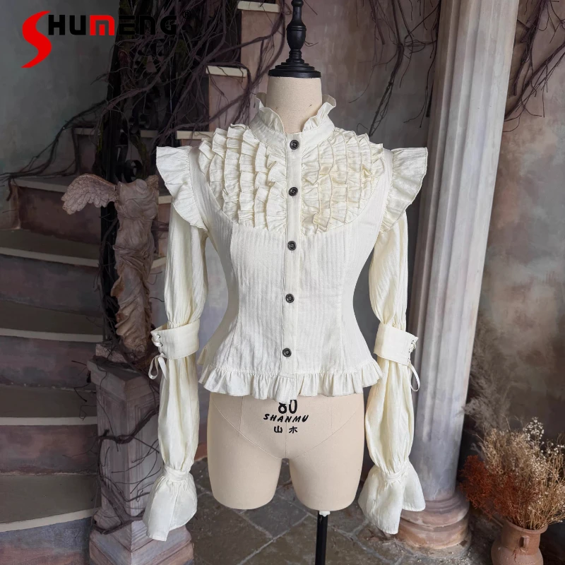 

Original Special Design Lolita Y2k Blouse Elegant Chic Puff Sleeves Waist-cinching Drawstring Lace Beige Short-length Top Shirt