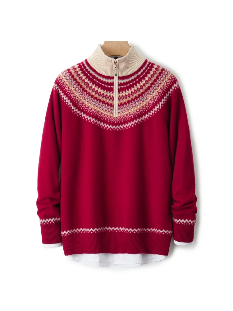 Sweater Rajut Jacquard Kotak-kotak Gaya Fair Isle Musim Gugur Musim Dingin yang Chic, 100% Wol Merino, Kerah Setengah Tinggi, Ritsleting, Pakaian Pria