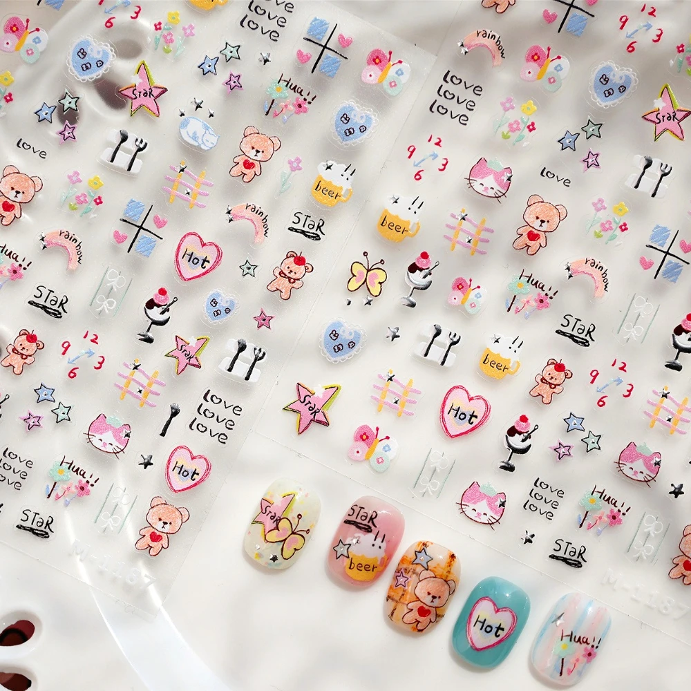 

Lovely Cartoon Cat Bear Love Stars Flowers Butterfly Beer Rainbow Graffit 3D Self Adhesive Nail Art Sticker Cute Manicure Decals