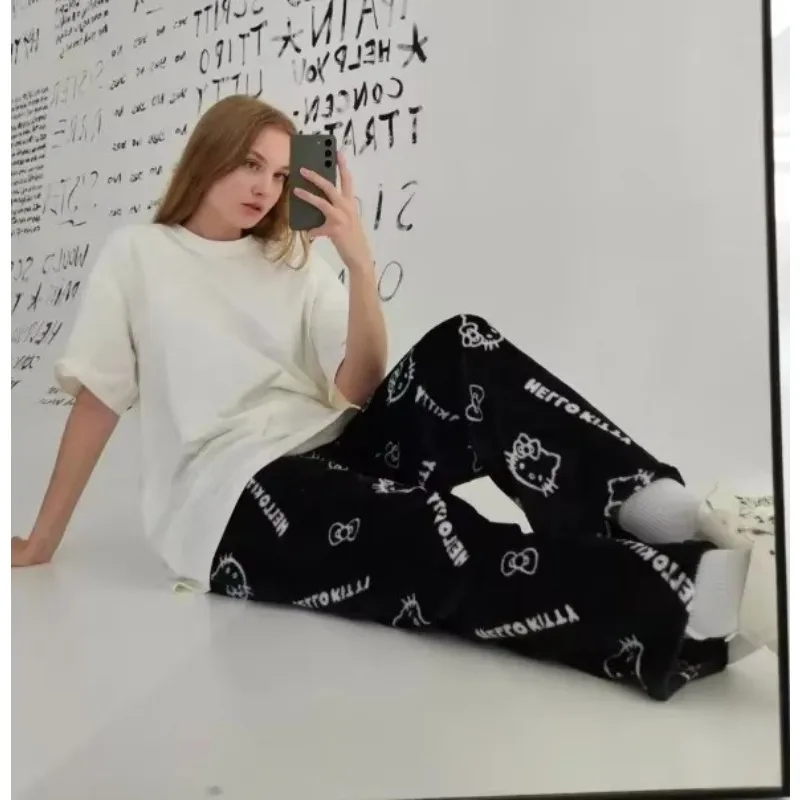 Hello Kitty Letter Bow Flannel Pajama Pants Women Soft Fuzzy Warm Elastic Waist Wide Leg Loose Home Sleep Loungewear Trousers