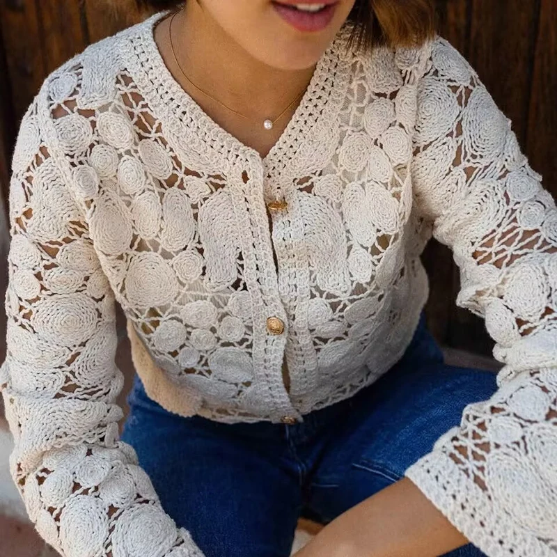 Camicia da donna monopetto sottile per il tempo libero Temperamento Cardigan scavato in pizzo tinta unita Top da pendolare a maniche lunghe da donna elegante