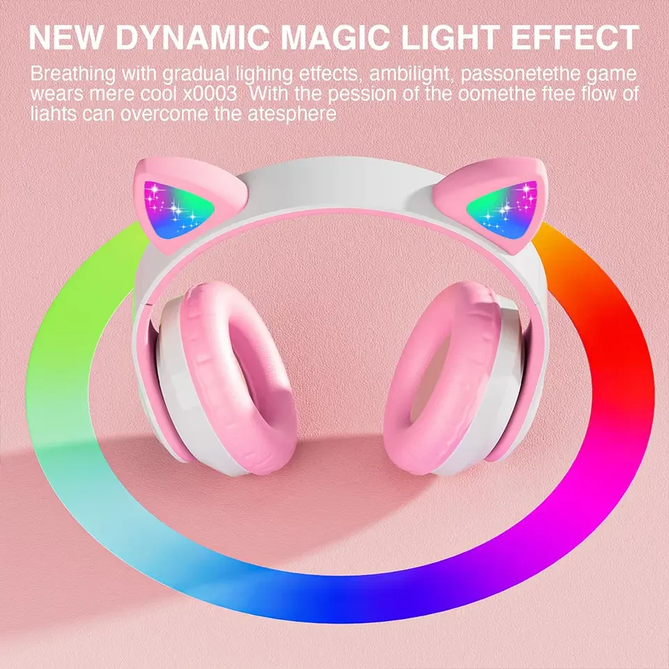STN28 plug-in earphone wireless illuminated cat ear earphone, wireless earphone with heavy bass and flashing action