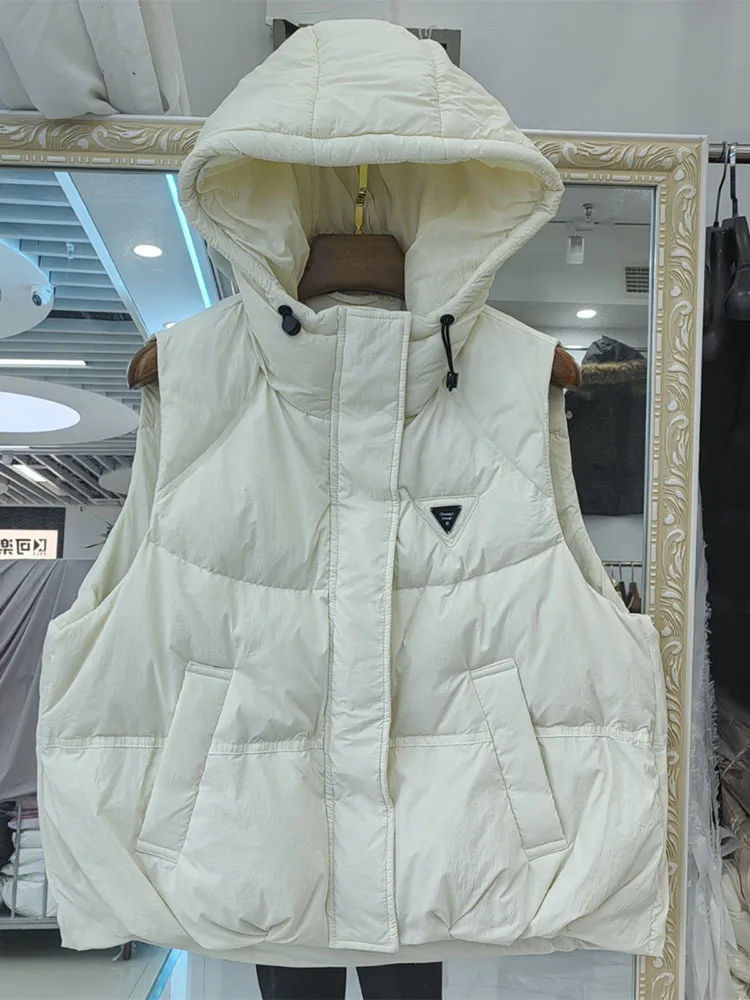 Women White Duck Down Sleeveless Jacket with Hood Casual Over Size Autumn Winter Warm Loose Thick Fashionable Vest New