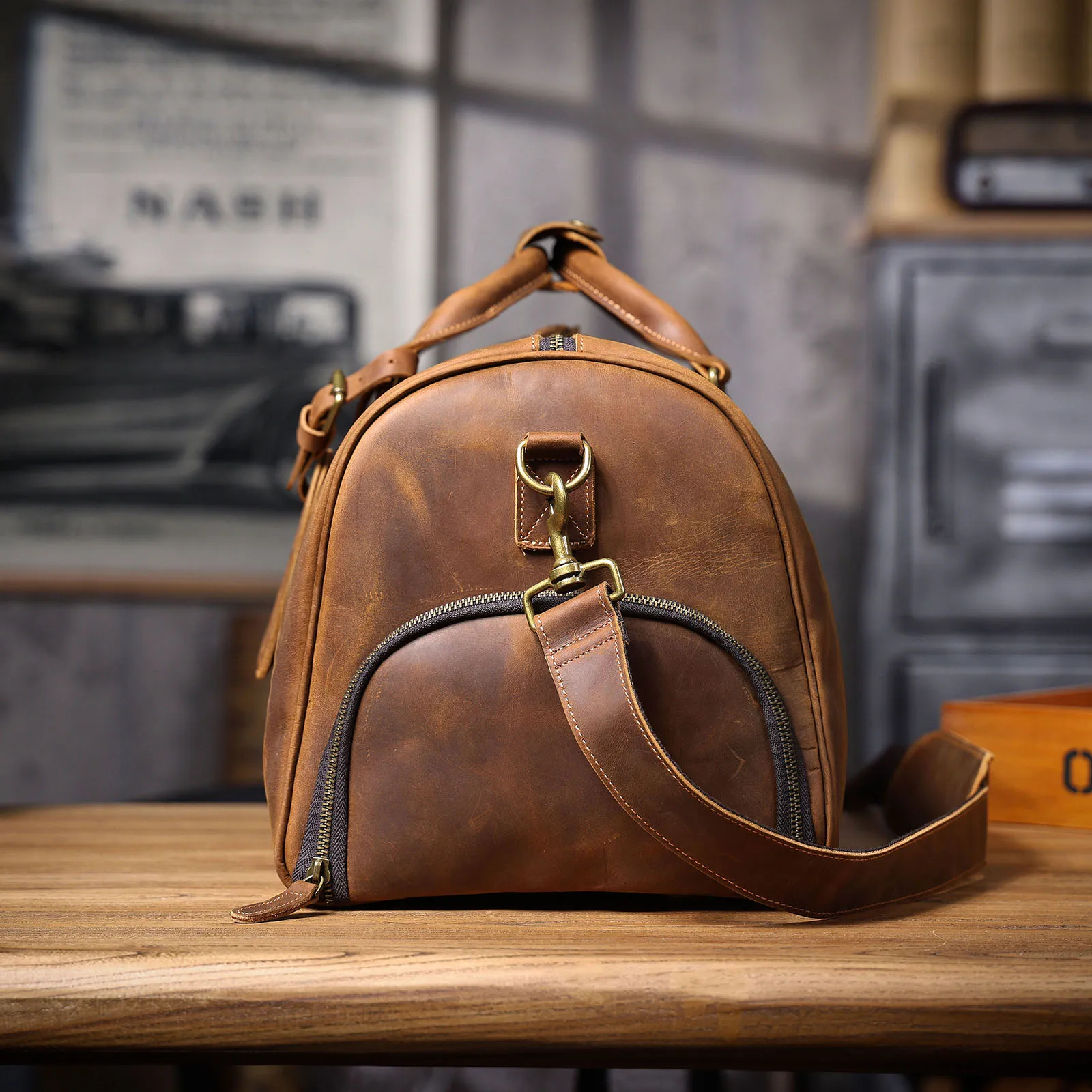 S.WORKER Vintage Vollnarbenleder Herren-Reisetasche Handgefertigte Weekender-Reisetasche – Detail 9