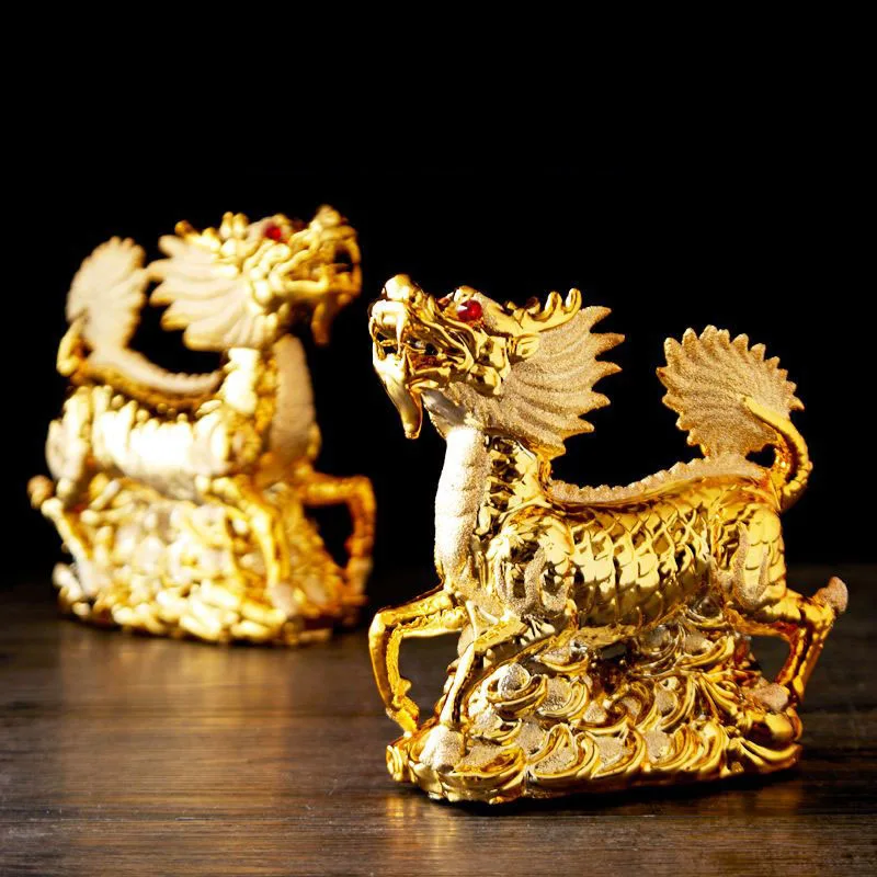 Electroplated Gold Fengshui Zhaocai Qilin Ceramic Ornaments Hotel Store Office Furnishing Decor Home Livingroom Cabinet Artwork