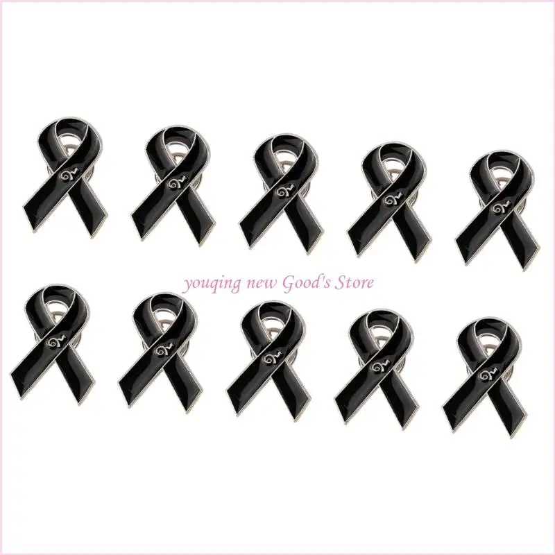 57QA 10Pcs Sophisticated Black Ribbon Awareness Brooch Pins For Skin Awareness