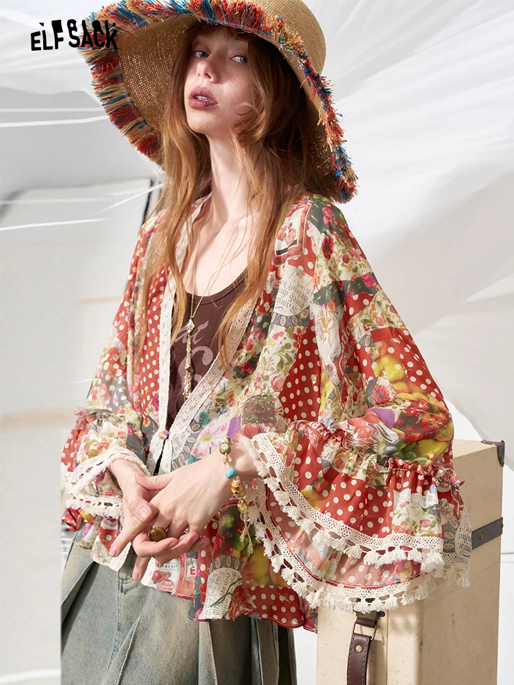 

Elegant Lace Shirt Women's Summer New Style Vacation Style Print Patchwork Beautiful Small Shirt V-neck Seven-sleeve Loose Fit