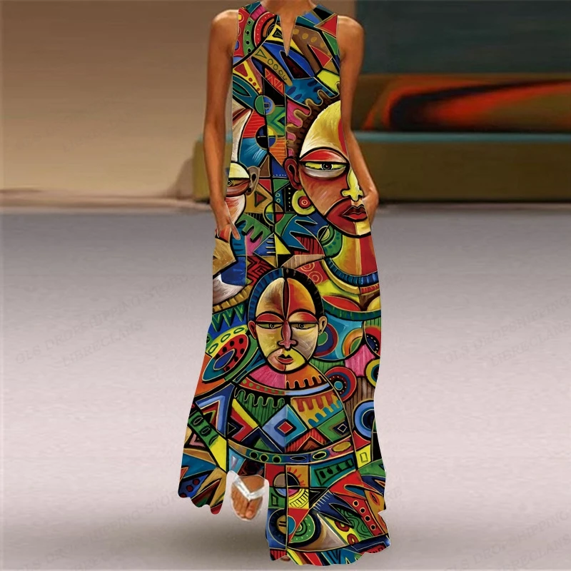 Plus Size Women's Vintage Indian Portrait Print Cutout V Neck Maxi Dress Elegant Party Dress Fashion Sexy Party Evening Dress