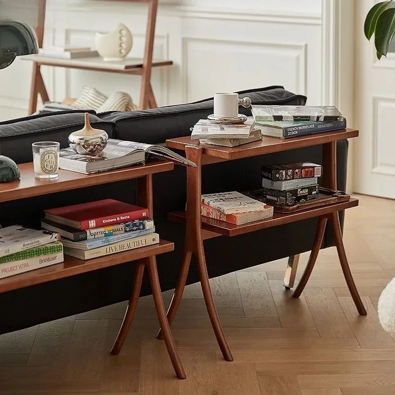 Nordic solid wood bookshelf, household living room sofa storage edge, small apartment homestay ins medieval storage rack