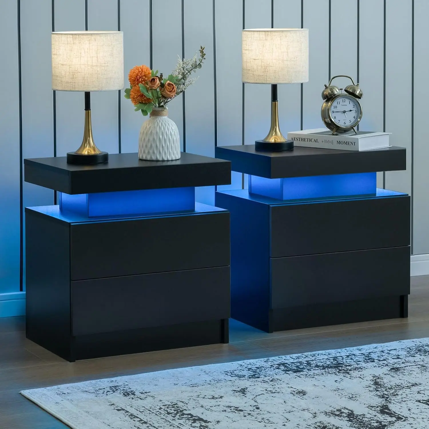 

Комплект из 2 прикроватных тумбочек с LED-подсветкой и 2 ящиками, прикроватный столик с ящиками для спальни, приставной столик с LED-подсветкой, на заказ
