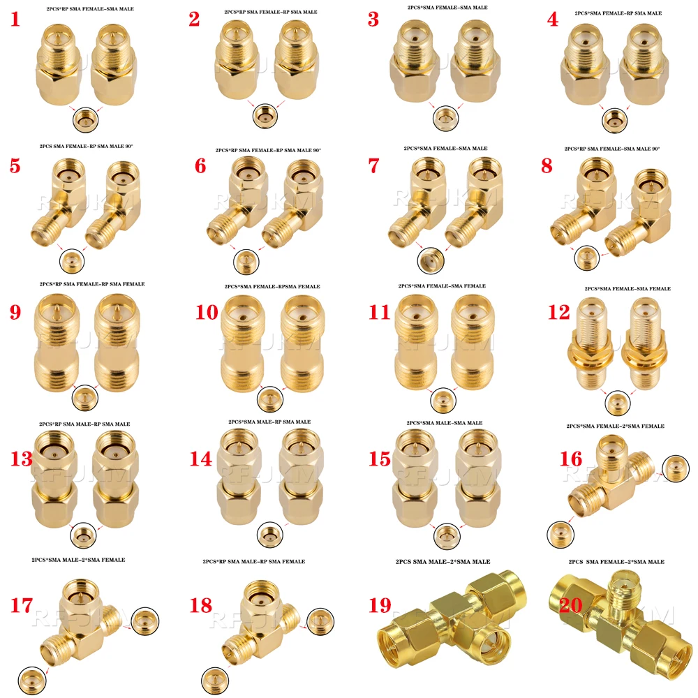 2Pcs/lot SMA To SMA Male Female Straight Connector 90 Degree Right Angle Tee Type 3Way Splitter RPSMA To RP-SMA Male Adapter RF