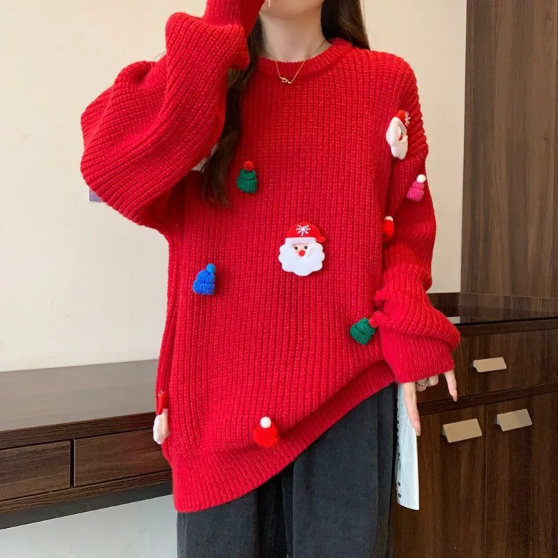 

Long Sleeve Pullover Contrast Thread Casual Fashion Top Women's Female Santa Claus Cute Knitted Round Neck