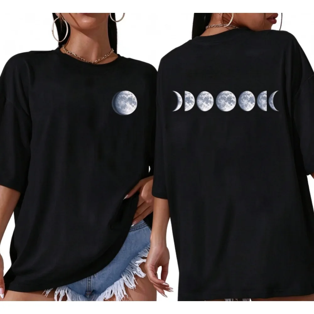 Moon Phase Graphic Tee Front Small Full Moon Back Lunar Cycle Print Women Casual Oversized Crew Neck Cotton Short Sleeve T-shirt