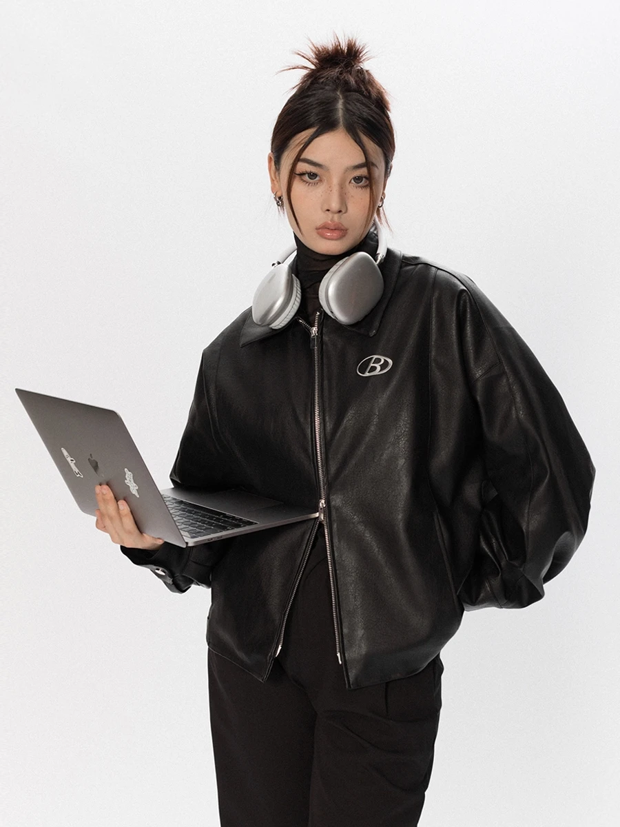 Blackbb Original Pure Color Retro Embroidered Biker Jacket Women's Short Loose Casual Leather Coat Street Style Long Sleeve
