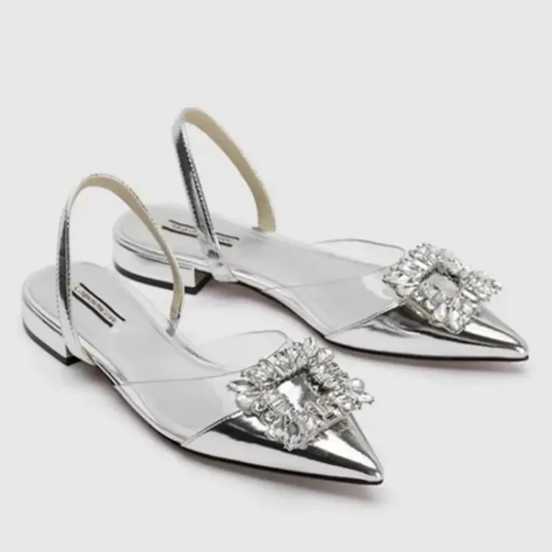 2024Summer Women\'s Sandals New  Shoes Pointed Light Silver Diamond  Low Heeled Strap Back