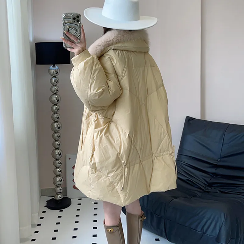 Abnehmbarer Fuchspelzkragen, lockerer Damen-Pelzmantel, 2025, Winter, neue koreanische Version, verdickte Daunenjacke, warmer Damenmantel