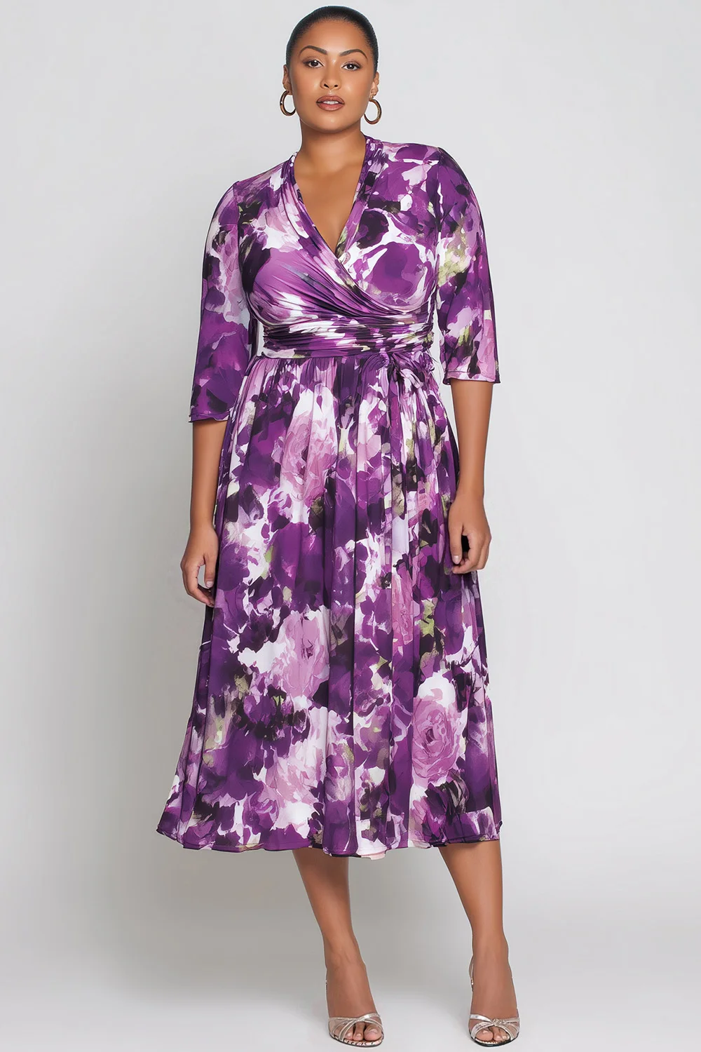 

Flycurvy Plus Size Wedding Guest Red Cotton Wrap Floral Print Midi Dress