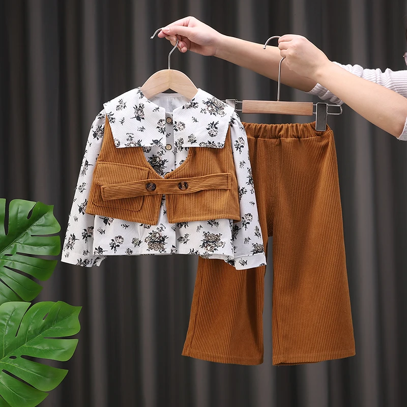 Girls Floral Shirt + Corduroy Vest & Pants 3Pcs Outfit Set Kids Clothing Spring Autumn Big Collar 80-120