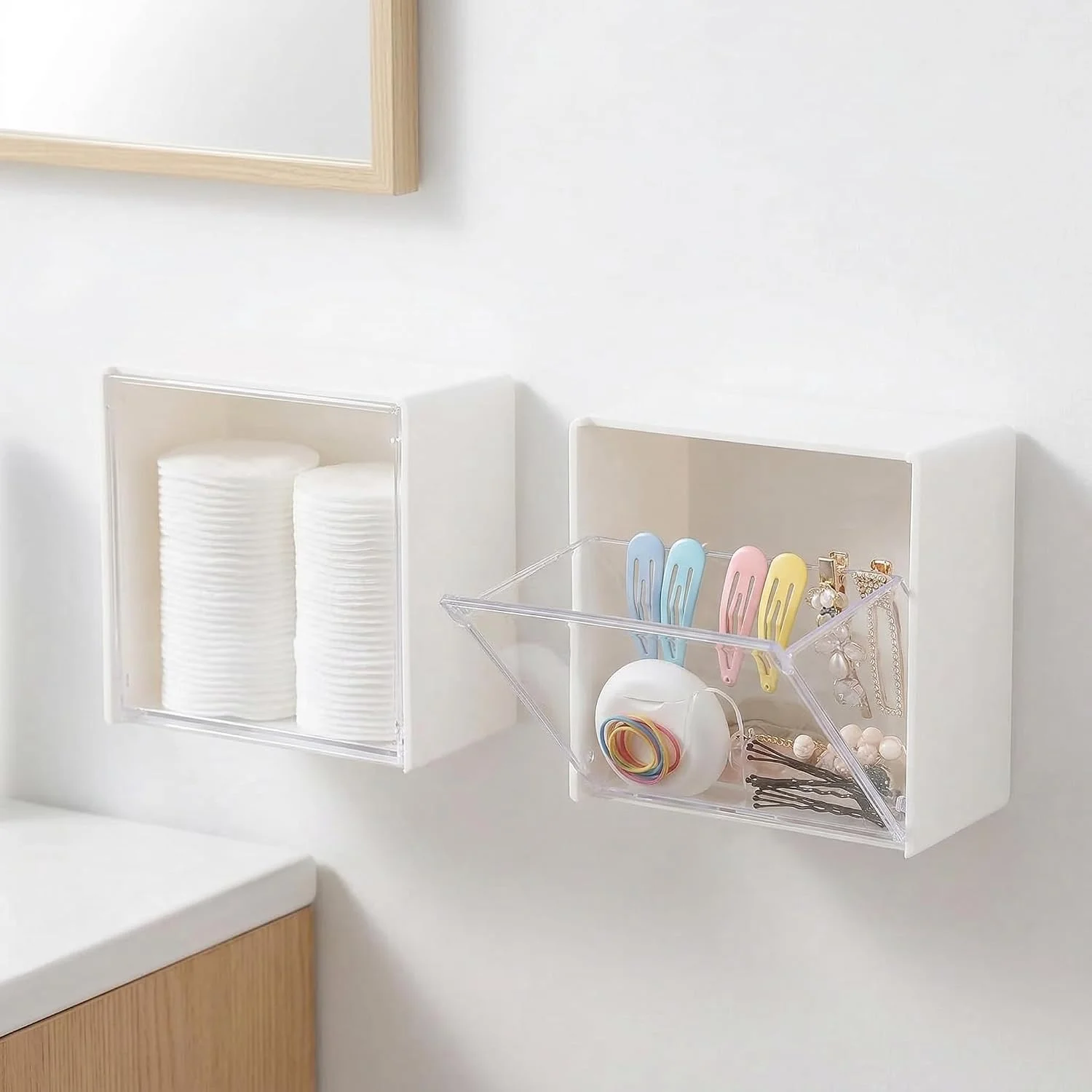 2PCS Wall Mounted Cotton Pad Holder Dispenser Set, Bathroom Storage Box for Pads, Balls, Floss, Hairpins, Rubber Bands and Clips