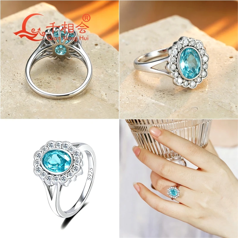 Lab Grown Oval Paraiba Tourmaline Halo Ring 6*8mm, S925 Silver with Moissanite Accents, Neon Blue Green Paraiba Jewelry view 4