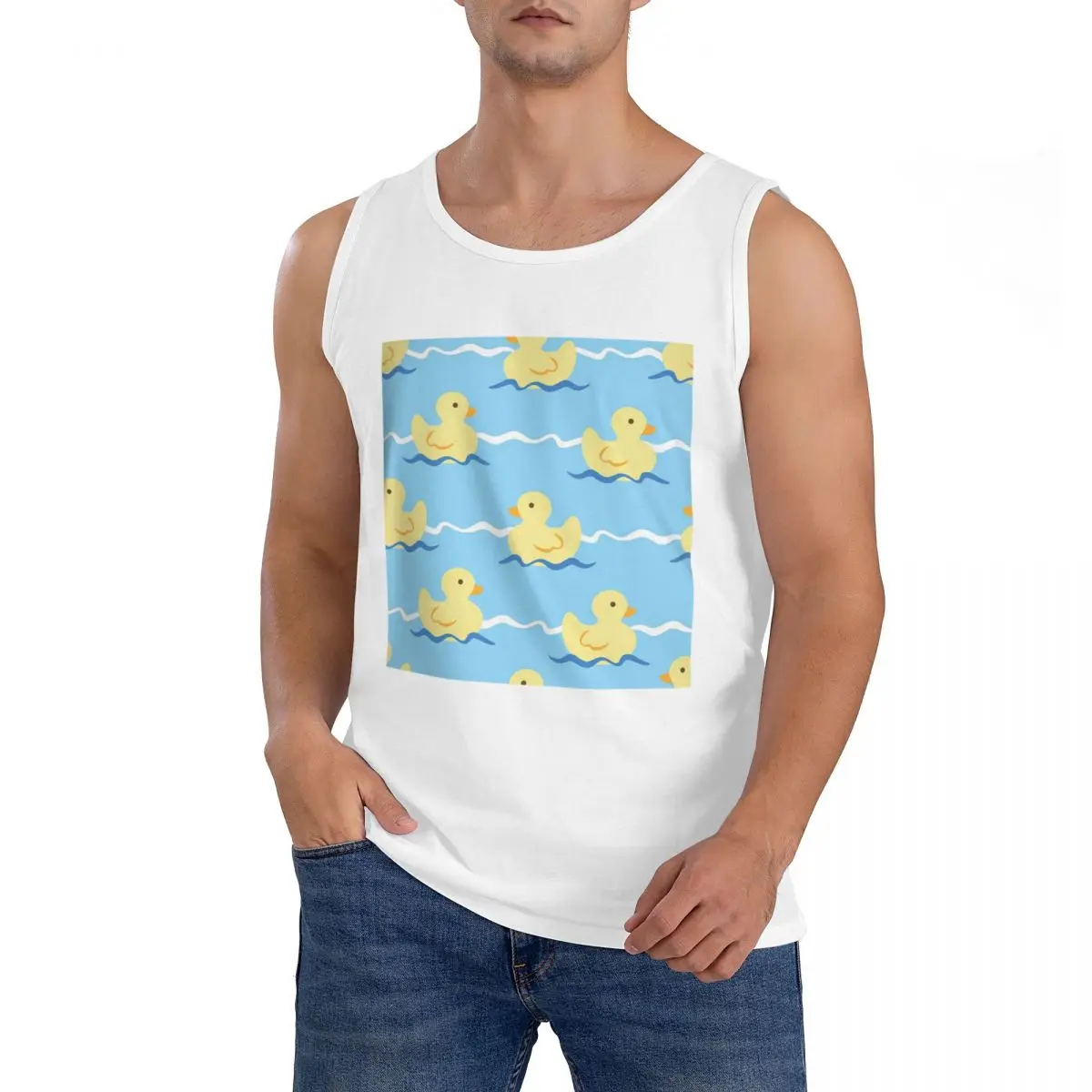100% Cotton Cute Duck Swimming Seamless Pattern Sleeveless T-Shirt Men Workout Sports Clothing Tops Men's Crew Neck Vest
