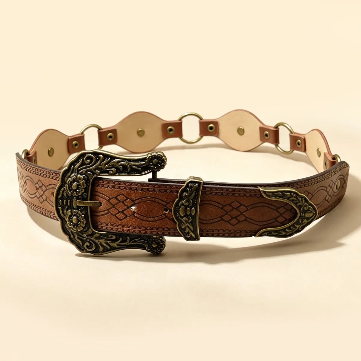 Western carved horseshoe buckle splicing brown bottom diamond grid embossed amber rhinestone ring retro belt