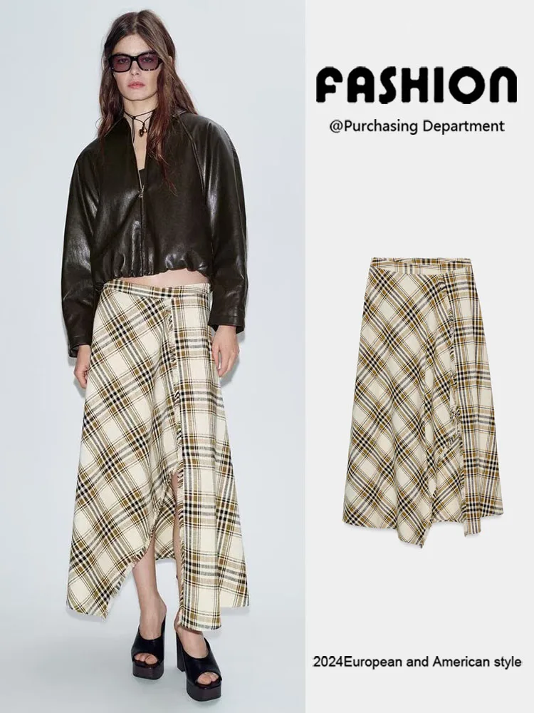

Spring New Arrival Women's High Waist Midi Skirt Versatile Slimming Plaid Asymmetrical Ethnic Sle Ladies Faion