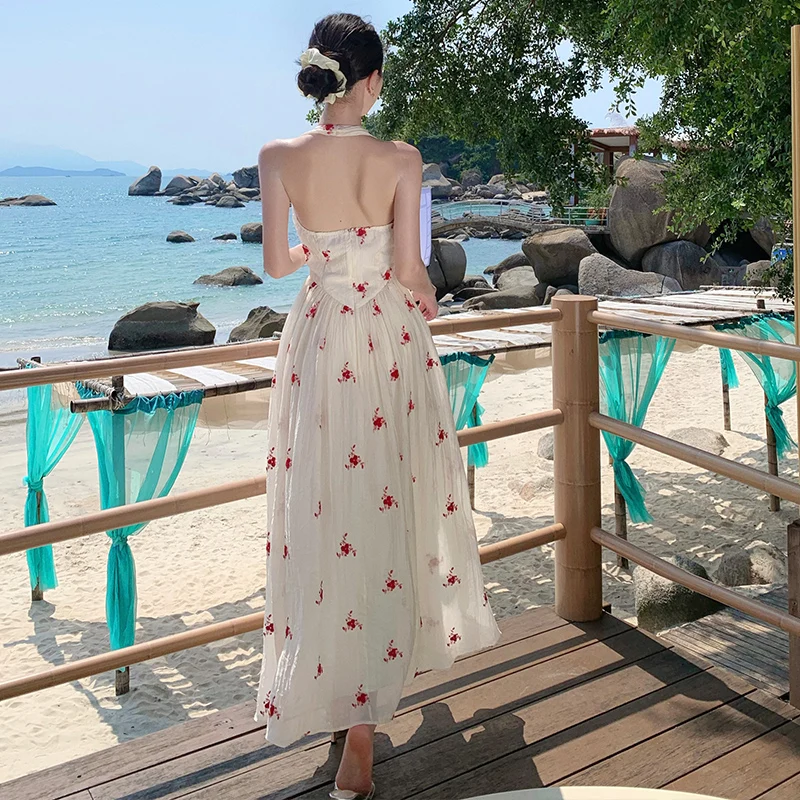 French Fashion Summer Sexy Deep V Neck Vacation Long Dress Women's Halter Sleeveless Flower Print Backless High Waist Boho Robe