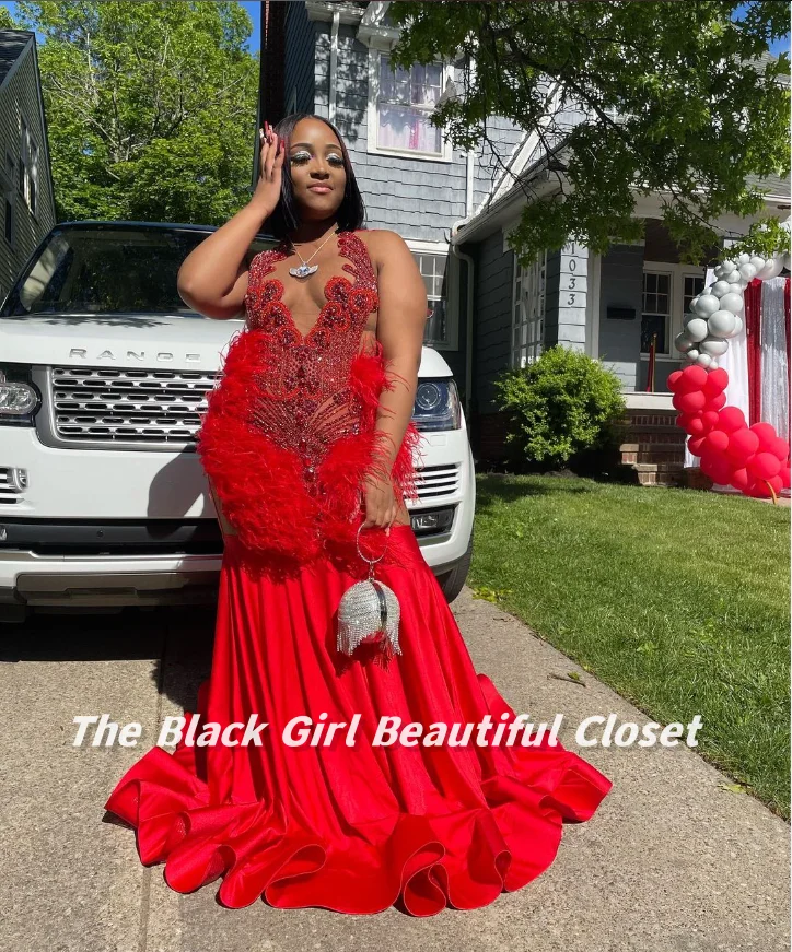 Sexy Red Prom Dresses Black Girls Diamond Beaded Sequins Feather Decoration Party Dresses New See Through Mermaid Gowns