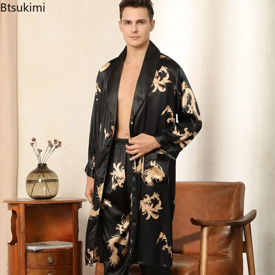 

2024 Men's Dragon Print Satin Robe 2PCS Sets Satin Sleepwear Robe and Pants Male Casual Kimono Gown Loose Large Size Home Wear