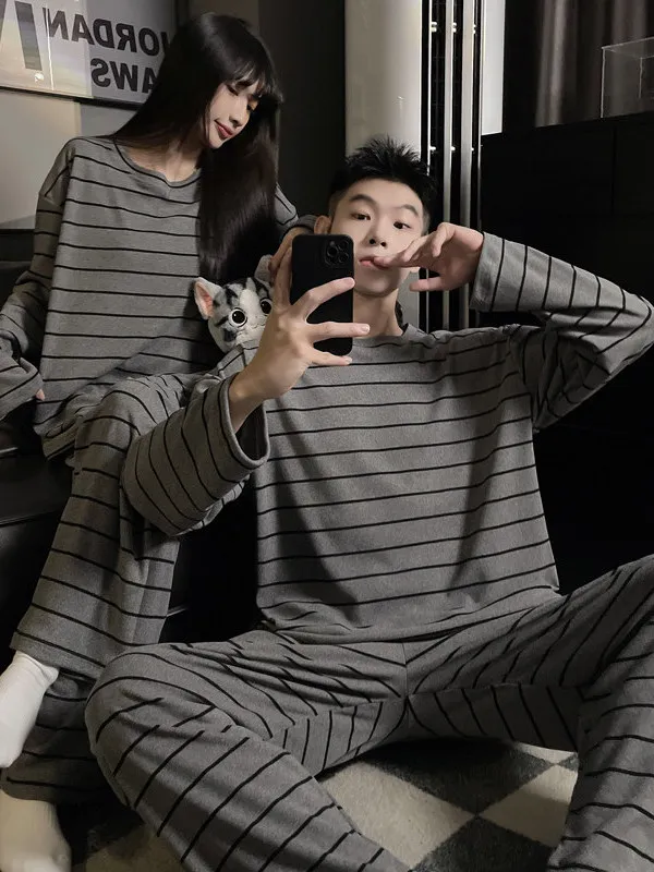 

Warm De Sleepwear Couple Style Autumn Winter Stripe Casual plus Size Spring Summer Home Clothes Set Unisex Long Sleeve round ...