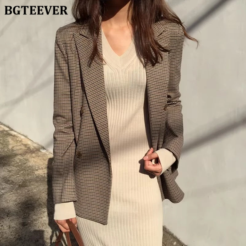 Vintage Double Breasted Office สุภาพสตรีลายสก๊อต Blazer ยาวหลวม Houndstooth เสื้อแจ็คเก็ตผู้หญิงเสื้อแจ็คเก็ตหญิง