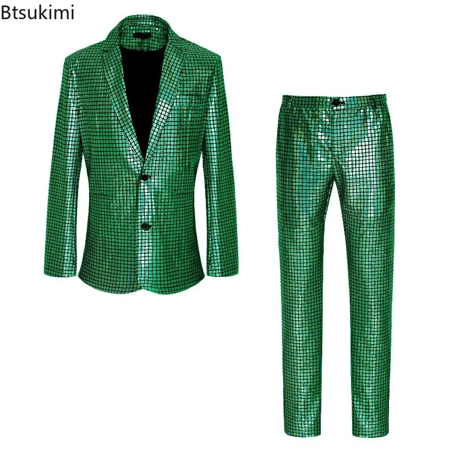 2024Men\'s Stage Prom Suits Sets Gold Silver Rainbow Plaid Sequin Pants Sets Men Festival Christmas Dance Party Costume Homme 4XL