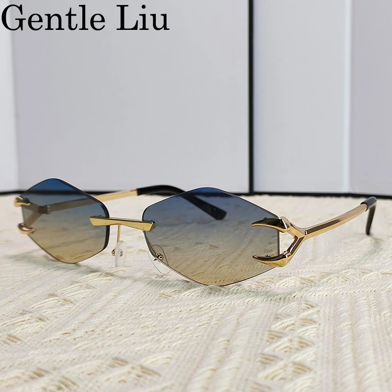 Kleine Sechseck Randlose Sonnenbrille Frauen Männer 2024 Luxus Marke Polygon Sonnenbrille Für Damen Retro Metall Rahmen Brillen UV400