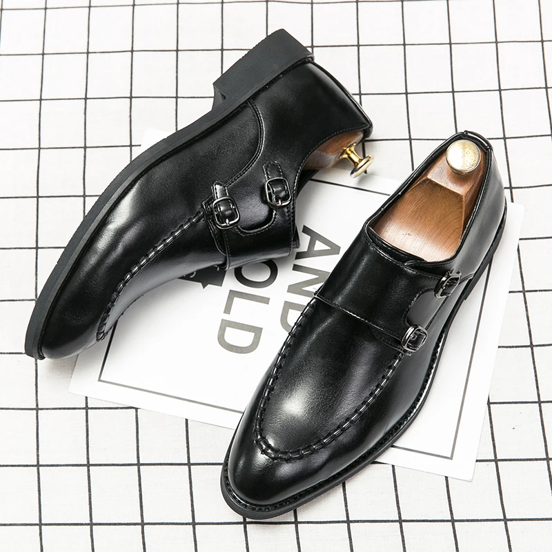 Chaussures en cuir décontractées pour hommes, moine d'affaires, Oxford, chaussures à bout pointu, derby noir, style italien, bureau, mode