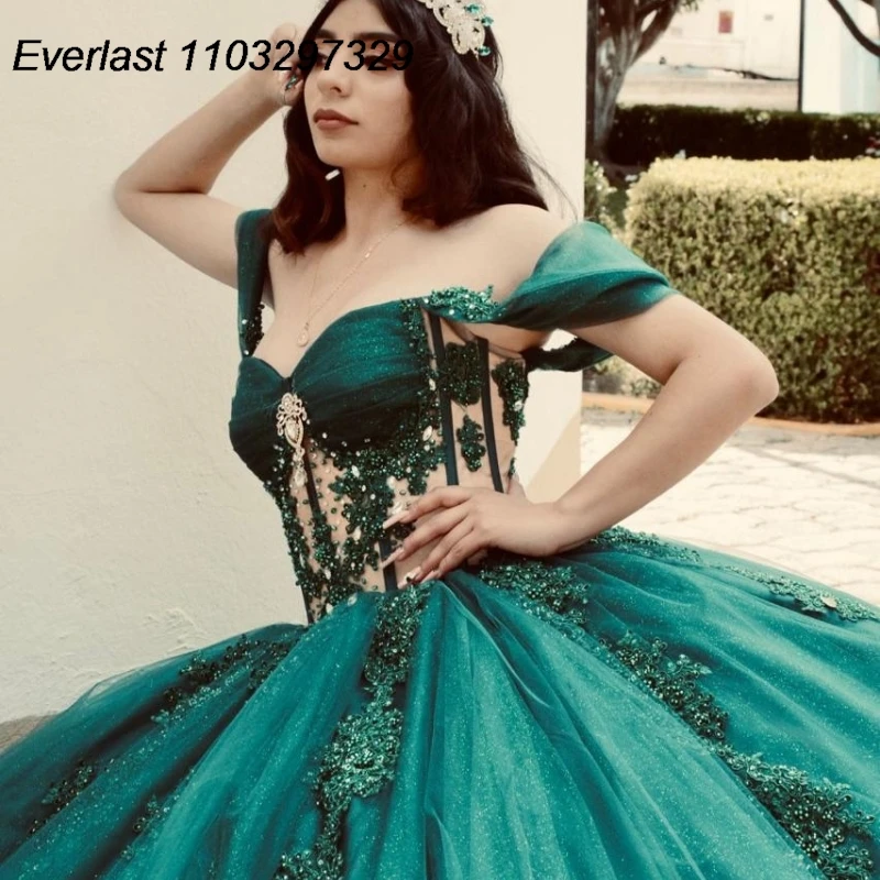 EVLAST-vestido De quinceañera verde esmeralda De lujo, vestido De baile, apliques De encaje, corsé De cuentas, dulce mexicano 16, 15 Años, TQD854