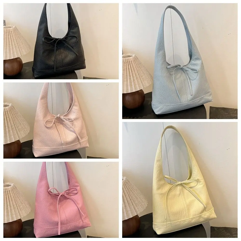 Bolso de mano de cuero Pu suave de estilo coreano informal, bolso de hombro con pajarita, bolso de axilas de Color puro que combina con todo, bolso de viaje