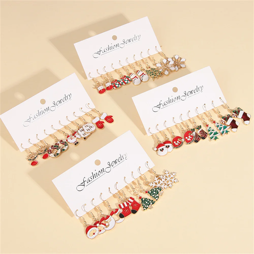 5 Pairs Christmas Earrings Set for Women Cute Snowflake Santa Claus Tree Deer Bell Gloves Fashion New Year Party Jewelry Gifts